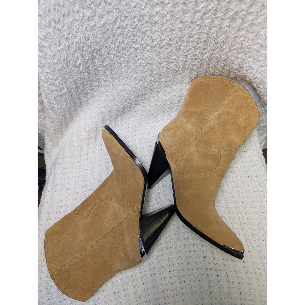 Joie Tan Suede Western Ankle Boots Metal Toe Tip Conical Heel Womens 38.5 - Picture 6 of 14